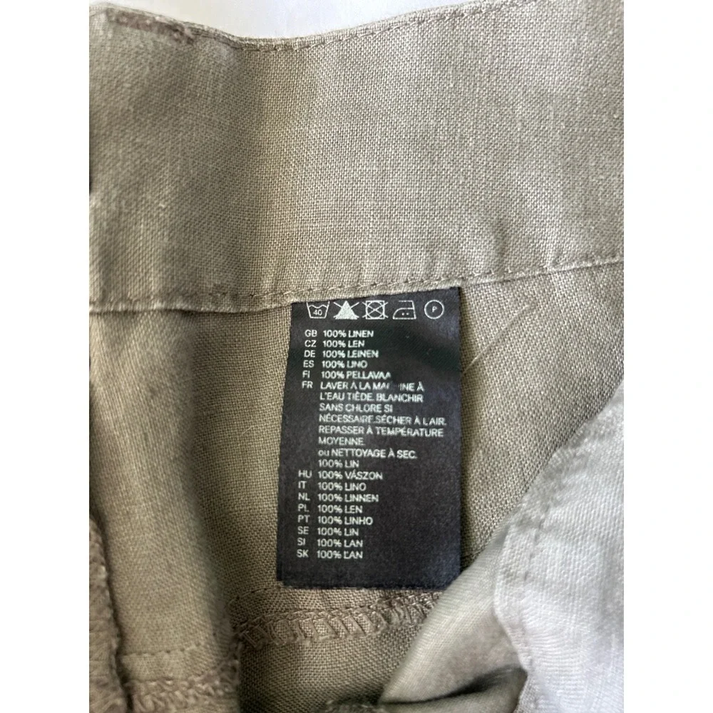 H&M Y2K Womens 100% Linen Wide Leg Trousers Olive Brown Size 12 Mid Rise Pants
